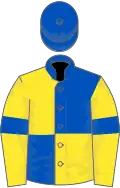 Royal blue and yellow (quartered), yellow sleeves, royal blue armlets, royal blue cap
