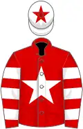 Red, white star, hooped sleeves, white cap, red star
