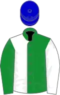 Green and white (halved), reversed sleeves, blue cap