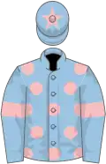 Light blue, pink spots, armlets and star on cap