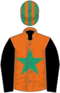 Orange, emerald green star, black sleeves, orange and emerald green striped cap