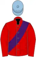 Red, purple sash, light blue cap