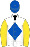 White, royal blue diamond, yellow sleeves, royal blue cap