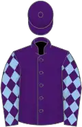 Purple, blue sleeves, purple diamonds, purple cap