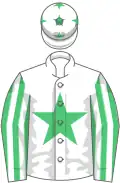 White, emerald green star, striped sleeves, white cap, emerald green stars