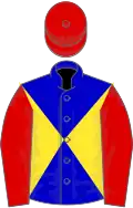 Blue, yellow diabolo, red sleeves and cap