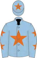 Light blue, orange star, orange stars on sleeves, orange star on cap
