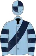 Light blue, dark blue sash, hooped sleeves, quartered cap