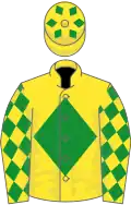 Yellow, green diamond, diamonds on sleeves and cap