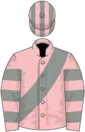 Pink, grey sash, hooped sleeves, striped cap