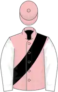 Pink, black sash, white sleeves, pink cap