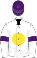 White, yellow disc, purple armlets and cap