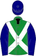 Green, white cross belts, navy blue sleeves and cap