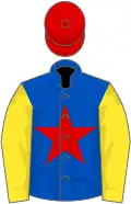 Royal blue, red star, yellow sleeves, red cap