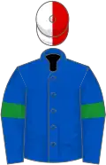 Royal blue, green armlets, red and white halved cap