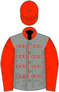Grey, scarlet braid, collar, sleeves and cap