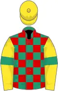 Emerald green and red check, yellow sleeves, emerald green armlets, yellow cap