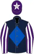 Dark blue, royal blue diamond, purple and white striped sleeves, purple cap, white star