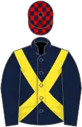 Dark blue, yellow cross belts, dark blue and red check cap