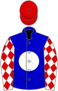 BLUE, white ball, white sleeves, red diamonds, red cap
