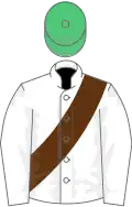 White, brown sash, emerald green cap