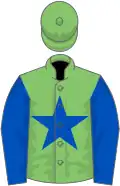 Light green, royal blue star and sleeves, light green cap