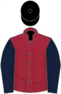 Maroon, dark blue sleeves, black cap
