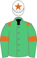 Emerald green, orange epaulets and armlets, white cap, orange star