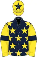 Dark blue, yellow stars, yellow sleeves, dark blue armlets, yellow cap, dark blue star