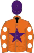 Orange, purple star, white spots on sleeves, purple cap
