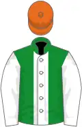 Green, white stripe and sleeves, orange cap