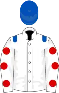 White, royal blue epaulettes, white sleeves, red spots, royal blue cap