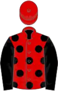 Red, black spots, black sleeves, red cap