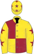 Yellow and maroon (quartered), yellow sleeves, maroon stars, yellow cap, maroon stars