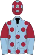 Light blue, maroon spots, maroon and light blue halved sleeves, maroon cap, light blue spots
