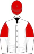 White, red and white halved sleeves, red cap