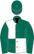Dark green and white (quartered), dark green sleeves and cap