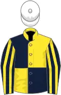 Dark blue and yellow (quartered), striped sleeves, white cap