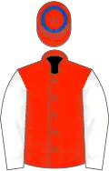 SCARLET, white sleeves, scarlet cap with royal blue hoop