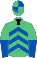 Emerald green, royal blue chevrons, halved sleeves, quartered cap