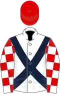White, dark blue cross sashes, red and white check sleeves, red cap