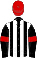 Black and white stripes, black sleeves, red armlets, red cap