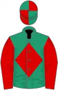 Emerald green, red diamond and sleeves, quartered cap