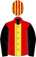 Red, yellow stripe, black sleeves, red and yellow striped cap