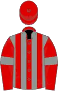 Red and grey stripes, red sleeves, grey armlets, red cap