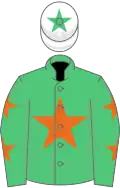 Emerald green, orange star, orange stars on sleeves, white cap, em green star