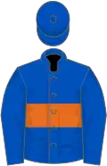 Royal blue, orange hoop, royal blue cap
