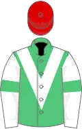 Emerald green, white chevron, white sleeves, emerald green armlets, red cap