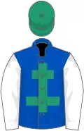 Royal blue, emerald green cross of lorraine, white sleeves, emerald green cap
