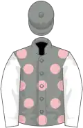 Grey, pink spots, white sleeves, grey cap